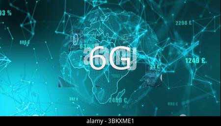 Displaying semi-transparent globe with glowing network nodes in digital space, with 6G data theme Stock Photo