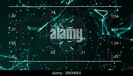 Showing wireframe globe rotating at network panel, with numeric labels, arrows and bars Stock Photo