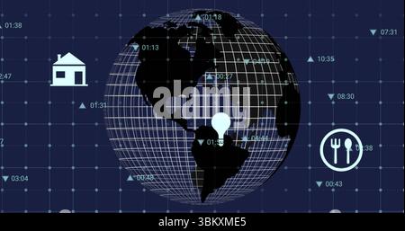 Displaying grid-overlay globe on dashboard, with location pin, cutlery icon, timestamps and markers Stock Photo