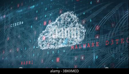 Floating cloud icon amid drifting letters and numbers among network lines, with MALWARE D3TECT Stock Photo