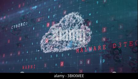 Displaying cloud icon linking codes on blue grid in virtual interface with CYBER, MALWARE DETECTION Stock Photo
