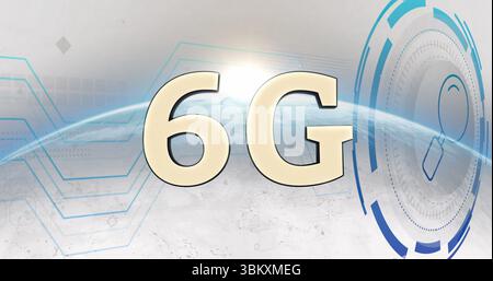 Displaying 6G text hovering above Earth horizon, with light flare, circuit lines and magnifier icon Stock Photo
