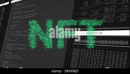 Displaying stylized green NFT on computer interface, with source code and encryption panel Stock Photo