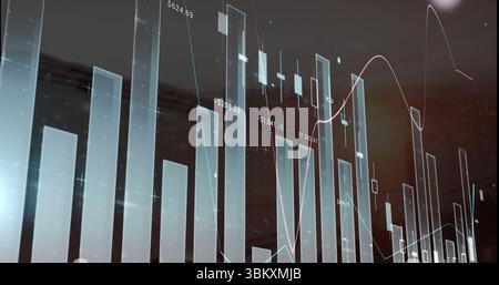 Translucent 3D bar chart showing floating numeric labels in digital panel, with colored trend lines Stock Photo