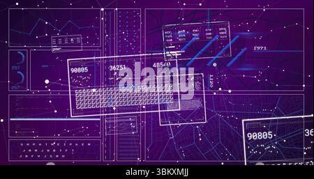 Displaying overlapping white panels on purple background, featuring numeric readouts and bar charts Stock Photo