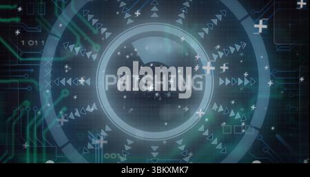 Displaying circular HUD overlaying dashboard with pixelated PHISHING text, arrows and binary digits Stock Photo