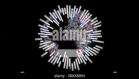 Spinning digital globe showing pixel clusters with radiating bars in dark space, with progress bar Stock Photo