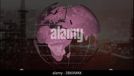 Rotating 3D globe showing pink continents over refinery towers at twilight, with white grid lines Stock Photo
