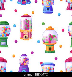 Bubblegum vending machine seamless pattern. Scattering of round multicolor chocolate dragee, sweety candies. Print design, vector background Stock Vector