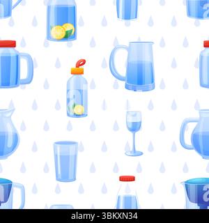Jars bottles and glasses with water. Drinking seamless pattern with drops. Refreshing, quenching thirst and health. Print, vector background Stock Vector