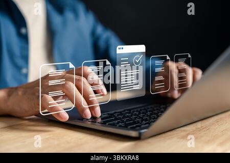 Document checklist and digital online form concept for data entry, electronic approval, form submission, and workflow management system in modern offi Stock Photo