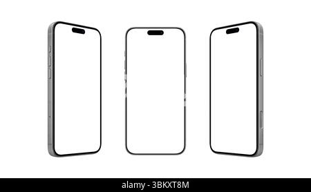 Monochrome mobile phone mockup trio with blank screens. Perfect for UI presentations, app demos, or elegant product design previews Stock Photo