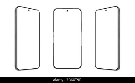 Minimal black phone mockup set with silver frame and empty screens. Ideal for showcasing mobile UX, app concepts, or digital branding Stock Photo