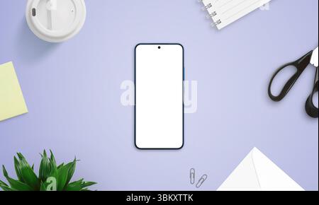 Top view of smartphone mockup on purple desk with creative items like scissors, sticky notes, coffee cup, and notebook Stock Photo