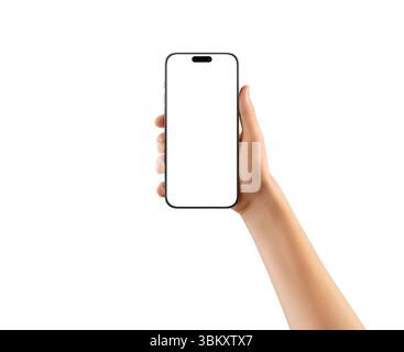 Hand holding modern smartphone with blank screen on white background. Perfect for app previews, UI mockups, and mobile product promotions Stock Photo