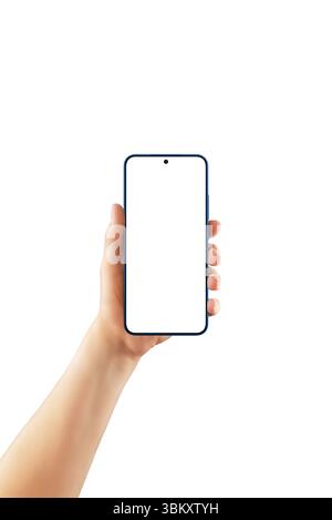 Female hand holding modern smartphone with centered camera and blank screen. Isolated on white background, perfect for app and UI mockups Stock Photo