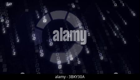 Showing glowing segmented loading ring within digital visualization with binary digits and pixels Stock Photo