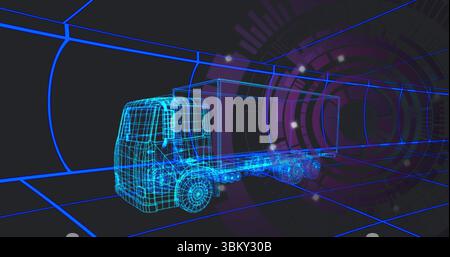 Displaying glowing wireframe semi-truck navigating 3D grid tunnel, with purple interface overlay Stock Photo