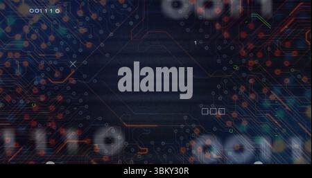 Displaying network on screen, with glowing circuits, hexagon outlines, nodes and binary 01110 Stock Photo
