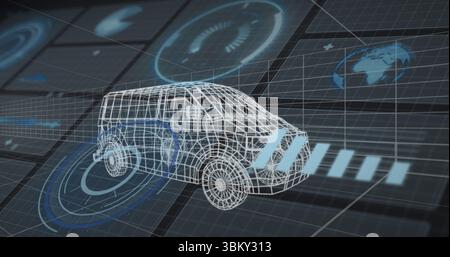 Floating wireframe van model hovering above grid floor in virtual 3D space, with interface panels Stock Photo