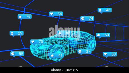 Gliding wireframe sports car model rotating inside neon-blue grid tunnel, with floating reactions Stock Photo