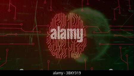 Displaying fingerprint circuit glowing red on interface, with red green traces, overlays, waveform Stock Photo
