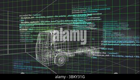 Displaying wireframe semi-truck floating in virtual 3D workspace, with green grid and code snippets Stock Photo