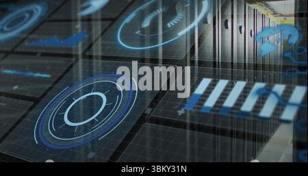 Showing server racks projecting holographic charts at data hall, raised panels, yellow cable trays Stock Photo