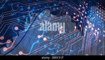 Displaying traces forming glowing pathways and nodes in virtual schematic with holographic overlays Stock Photo