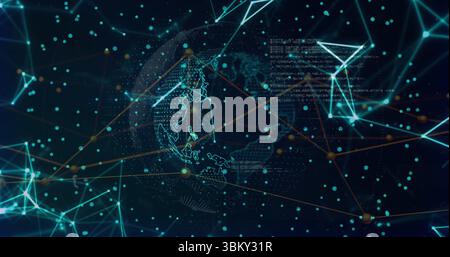 Displaying wireframe globe spinning in cyber network with teal nodes, data points and code snippets Stock Photo