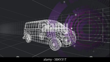 Displaying wireframe van model sitting on grid plane in 3D workspace, with purple HUD interface Stock Photo