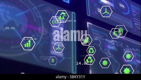 Displaying digital environmental dashboard overlay in control room, with hexagonal interface icons Stock Photo