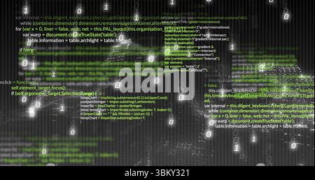 Streaming green and white code fragments across dark grid in virtual interface, with binary digits Stock Photo
