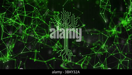 Showing neon green circuit-tree branching across virtual grid, with network mesh and binary overlay Stock Photo