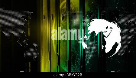 Displaying solid white globe hovering in virtual data interface, with dotted world map, copy space Stock Photo