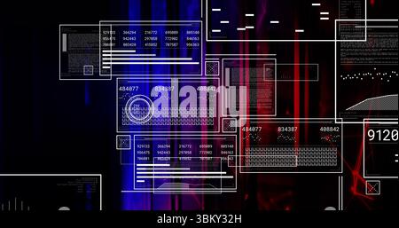 Displaying UI panels showing code numeric data and keyboard graphic in cyber space Stock Photo