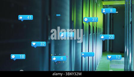 Illuminating server rack corridor with blinking LEDs, cabling and floating icons Stock Photo