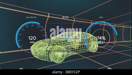 Displaying neon green wireframe sports car on dark navy grid, with speedometer and battery gauges Stock Photo