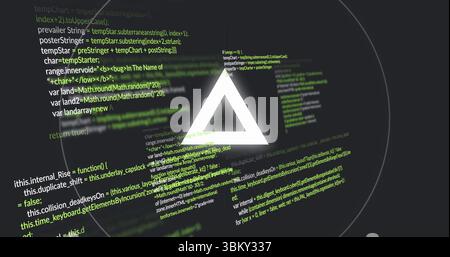Glowing triangle symbol emitting halo effect in dark code interface, with green code text Stock Photo