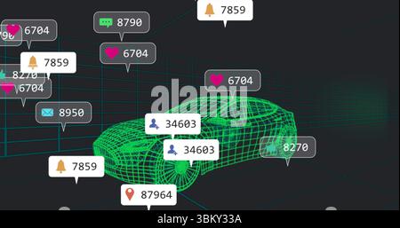Floating wireframe sports car model rotating within 3D grid space, with notification icons Stock Photo