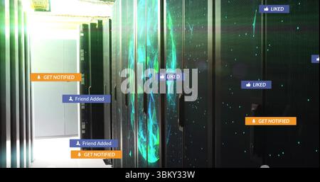 Showing server cabinets with network visuals in data center corridor, with notification pop-ups Stock Photo