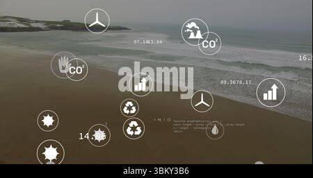 Showing coastal seascape featuring eco icons and code snippet on sandy beach under grey sky Stock Photo