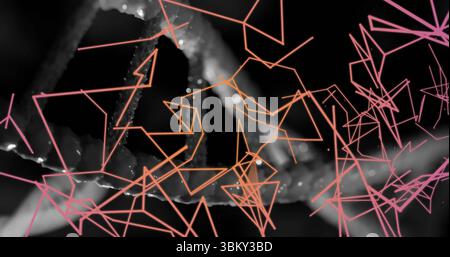 Displaying abstract polygonal mesh in digital scene, with neon triangular lines and blurred forms Stock Photo