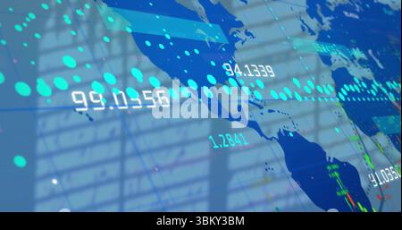 Displaying translucent map overlay at office screen, with dotted data points and numerical figures Stock Photo