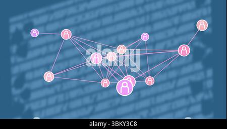 Displaying connected user nodes and edges forming network graph on dashboard, with blurred code Stock Photo