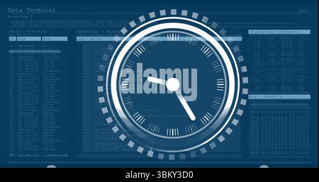 Displaying white analog clock graphic overlaying terminal, showing redacted entries and hex tables Stock Photo
