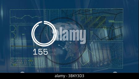 Displaying stylized pixelated globe pulsing inside dotted ring at console, with stock limit readout Stock Photo