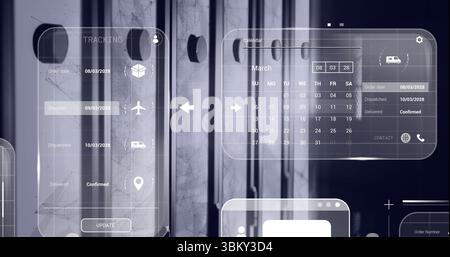 Displaying translucent UI panel in tech lab, with tracking icons, calendar widget, update button Stock Photo