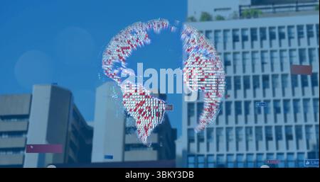 Floating translucent 3D pixel globe hovering over urban street scene, with red and blue UI tags Stock Photo