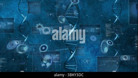 Displaying central DNA helix rotating alongside floating UI panels and globe at lab interface Stock Photo